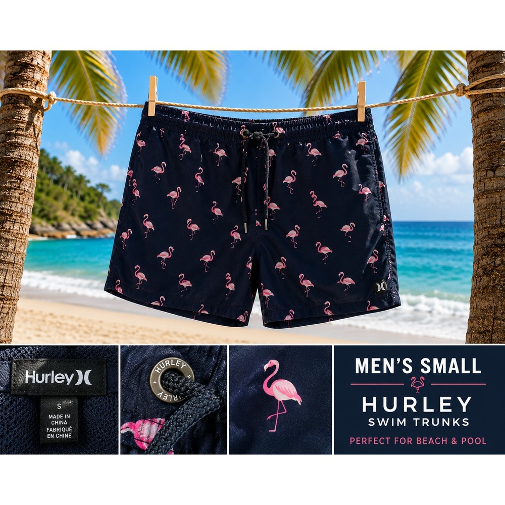 Hurley Flamingo Print Swim Trunks Men Small Navy Blue Drawstring Beach Shorts